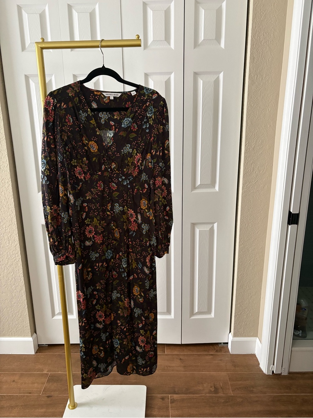 Veronica Beard Dress Midi Silk Blend Terina Black Floral V‑Neck Luxury Size 6